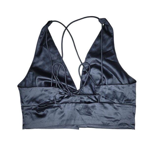Free People Back & Forth Brami Satin Black Crop Top haulter Cross-Back Straps S - Picture 8 of 10